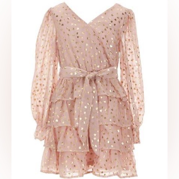 Poppies And Roses Other - Poppies and Roses pink & 💛 tiered mini dress with sheer long sleeves size 14.